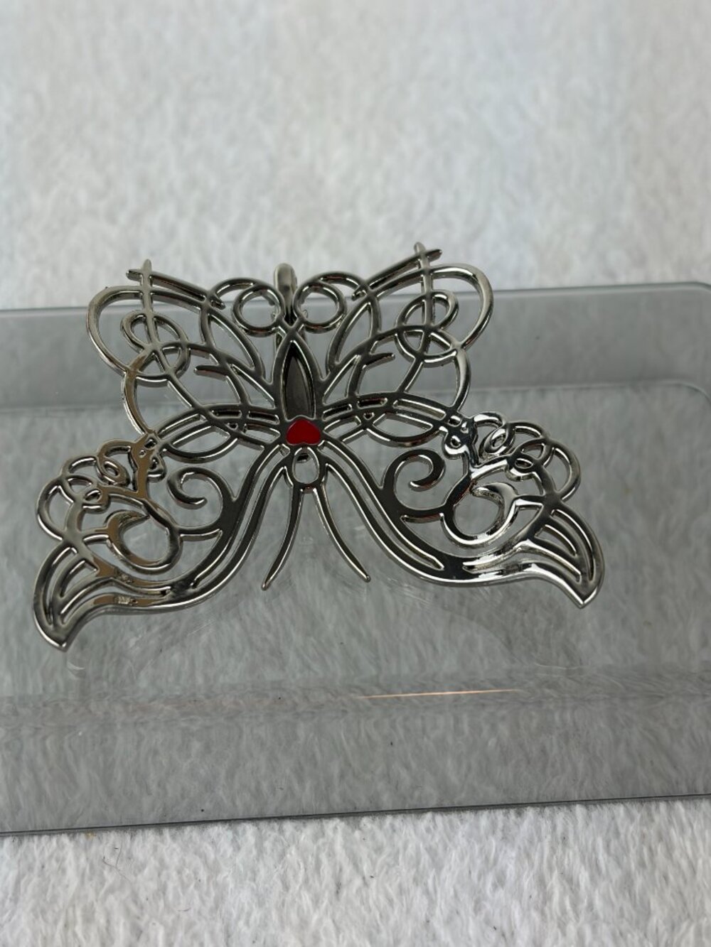 Neiman Marcus Figural Butterfly Scarf Hair Dress Lapel Clip Filigree Red Heart